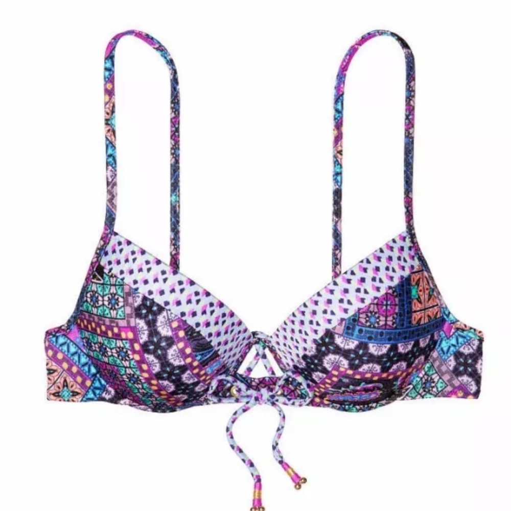 Like NEW Victoria's Secret Lace up Fabulous Bikini Top Pushup Patchwork 36D 36 D